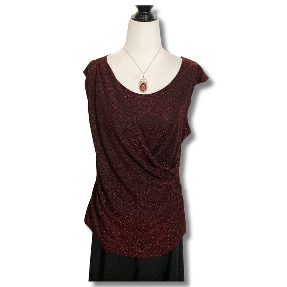 JESSICA Sparkly metallic dark red black short-sleeve draped top ~ LARGE XL shirt - Picture 3 of 13